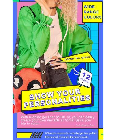 Kredioo Nail Art Gel Liner Gel Polish-12 PCS Soak Off UV/LED Black White Pink Glitter Gold Neon Painted Gel Set Built Thin Pens Brush For Painted Swirl Nails Salon DIY French Manicure Kit - Buy Online on GoSupps.com