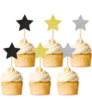 120 Pcs Star Cupcake Toppers Happy New Year Glitter Black Gold and Silver Star Cake Topper Picks Toothpick Toppers New Year Photo Props for New Year Party Supplies (Star) - Buy Online on GoSupps.com