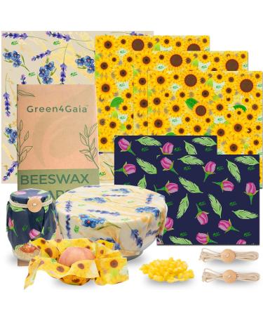 Green4Gaia Reusable Beeswax Food Wrap - Assorted 6 pack with beeswax pellets| Organic cotton beeswax reusable wraps| Reusable wax food wrap| Plastic Wrap Alternative Flower Print