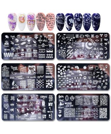 Mwoot 6Pcs Nail Art Image Stamping Plate Set Pretty Starry Sky Star Unicorn Cat love Leaves Lace Theme Manicure Print Tool Nail Template - Buy Online on GoSupps.com