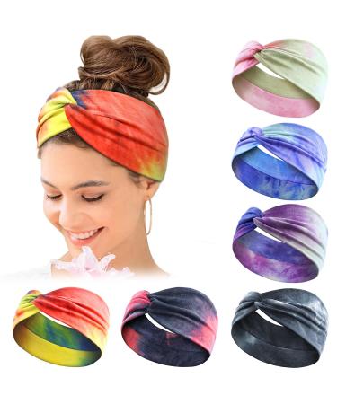 Women's Hair Bands Wide Elastic Soft 6 Pieces Summer Boho Headband Print Hair Accessories Yoga Sports Hairband Multicoloured Thin Headbands (Tie-Dye B) Multi-coloured 8
