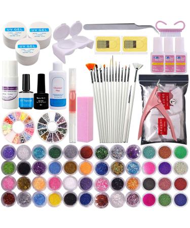 Nail extension gel set 3 colors assembly gel nail strengthening UV poly-nails gel 48 pieces glitter powder with nail shapes tips brush