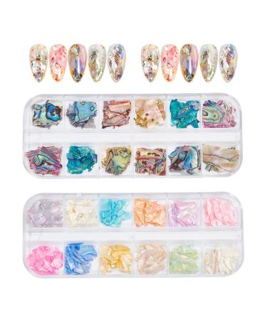 NICENEEDED 24 Grids Seashell Nail Art Nail Flakes Irregular Abalone Seashell Nail Art Slices Colorful Mermaid Nail Jewels Sequins Nail Charms for Women Nail Decoration