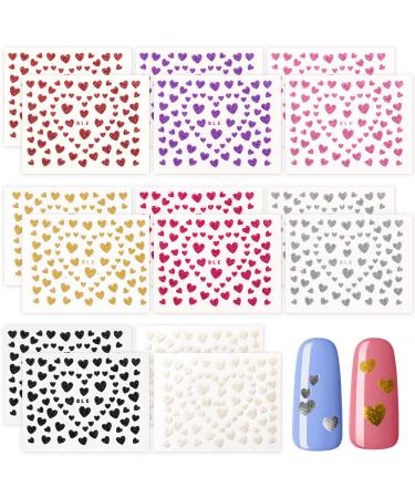 PAGOW 16 Sheets Heart Nail Art Stickers, 8 Color Love Heart Nail Decals Self-Adhesive Nail Stickers Fingernail Decoration for Women Girls Kids