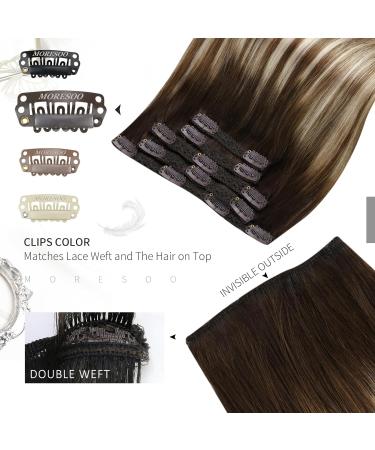 Moresoo 10 Inch Clip in Real Human Hair Extensions #4/6/613 - Dark Brown to Chestnut Brown with Platinum Blonde Highlights - 5 Pcs/70g - Buy Online on GoSupps.com