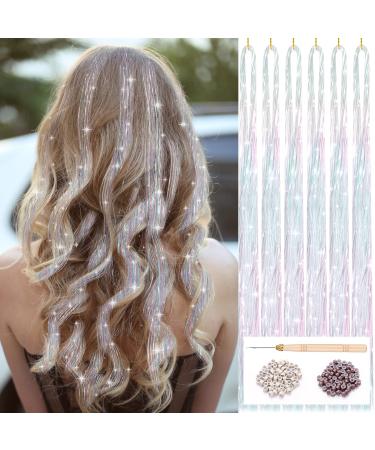 HAUTOCO Hair Tinsel Kit 1200 Strands 47 Inch Glitter Tinsel Hair Extensions with Tools White-Pink Fairy Hair Tinsel Kit Heat Resistant Sparkling Hair Tinsel for Cosplay Christmas New Year Party Fairy White Pink - 1200 Strands