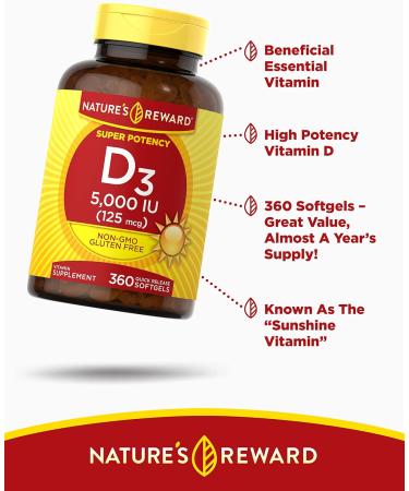 Nature's Reward Vitamin D3-5000 IU Softgels - 360 Count - Non-GMO & Gluten-Free - Buy Online on GoSupps.com