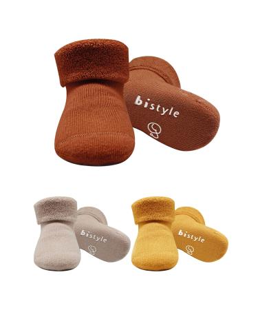 Cotton 3 pairs of baby socks for newborn anti -slip thick cuff |Winter warm toddlers slide socks |Young girl toddler socks 2-3 years of brown
