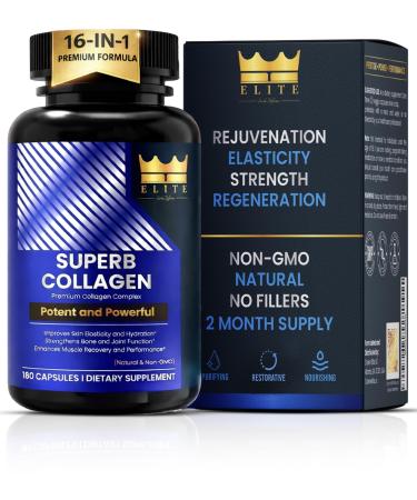 Crown Elite Superb Collagen | Multi-Type Premium Collagen Supplement | Supports Skin Hydration Hair Growth Joint Flexibility & Bone Strength | Non-GMO Grass-Fed | 180 Capsules for Women & Men