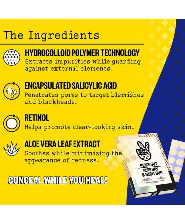 PEACE OUT Skincare Acne Day & Night Duo | Fast Acting Pimple Patches with Salicylic Acid | Clear Breakouts with 6-Hour Hydrocolloid Dots | (20 Dots) - Buy Online on GoSupps.com