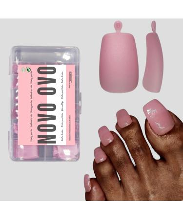 NOVO OVO Fake Toe Nail Tips Press on Soft Gel Toenail Extension PURE BERRY PINK LONG Tapered Square Pre-applied Tip Primer & Base Coat Full Cover Pre-etched False Nails for DIY x 12 Sizes 240Pcs PURE BERRY PINK LONG EU