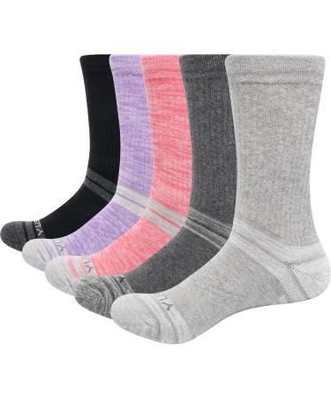 YUEDGE Womens Walking Hiking Socks Moisture Wicking Cotton Cushioned Athletic Crew Socks For Womens Size 6-11, 5Pairs/Pack Grey/Purple/Black/Pink/Light Grey 6-9