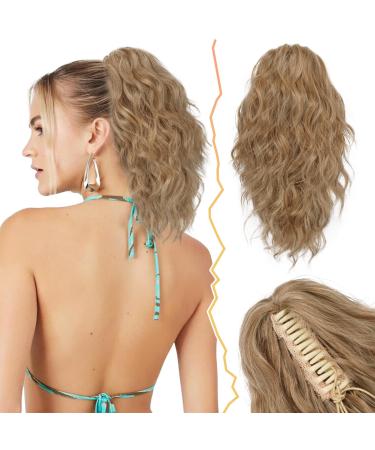BARSDAR short wavy ponytail extension 30cm clip wavy ponytail hair extension multi layered synthetic clip ponytail hair part for women girls (brown & blond) 30cm light golden brown & blonde mixed