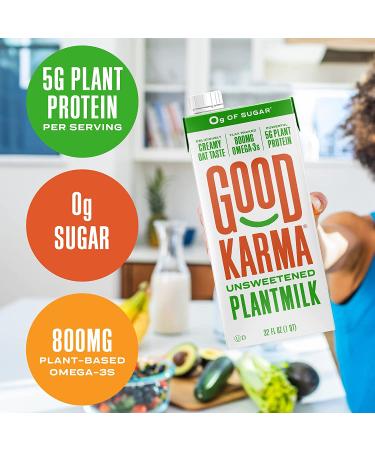 Good Karma Unsweetened Oat Milk Plus Protein and Omega-3 32 Ounce (Pack of 6) - Plant-Based Non-Dairy Milk Alternative with Oats, Flax, and Peas - Vegan and Lactose Free - Buy Online on GoSupps.com