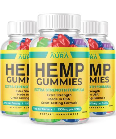 (3 Pack) Blissful Aura Gummies - Official Formula - BlissfulAura Gummies with Hemp Extract Extra Strength Advanced Formula Big Size Great Taste New 2023 Blissful Aura Hemp Gummy 1500mg (180 Gummies)