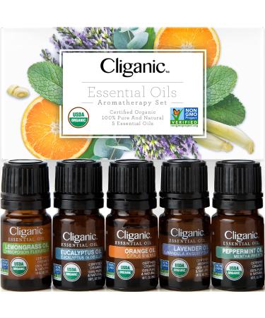 Cliganic Organic Essential Oils Set (Top 5) - 100% Pure Natural - Aromatherapy, Candle Making - Peppermint, Lavender, Eucalyptus, Lemongrass & Orange