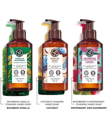 Yves Rocher Liquid Hand Wash Trio | Gel Texture | Sulfate Free Cruelty Free & Recyclable Bottle | Cleanses & Perfumes Skin | Tested under Dermatological Supervision | Hand Soap Pump 190 ml each (Vanilla/Coconut/Raspberry) - Buy Online on GoSupps.com