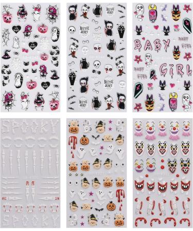 3D Halloween Nail Stickers 6 Sheets 5D Self-Adhesive Embossed Nail Decal Ghosts Bats Pumpkin Nail Art Decoration Design Supplies - Buy Online on GoSupps.com