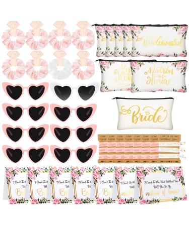 39 Pcs Bridesmaid Proposal Gifts Maid of Honor Gift Bride Matron of Honor Cosmetic Makeup Bag Knotted Hair Ties Heart Sunglasses Invitation Card for Wedding Bachelorette Party (Sweet)