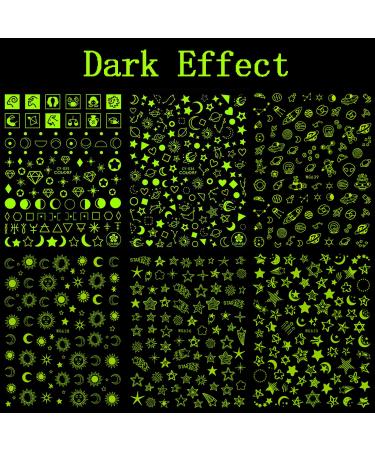 Luminous Nail Art Stickers - Glow in The Dark Fluorescent Decals for Women & Girls - Sun Moon Stars Heart 3D Nail Decoration (6 Sheets - Buy Online on GoSupps.com