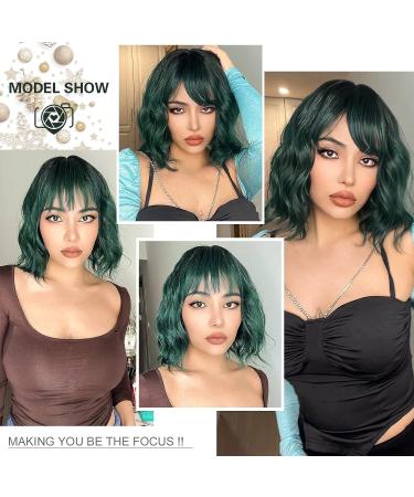 Noomby Dark Green Ombre Wavy Wig with Bangs - Synthetic Shoulder Length Green Wig for Women - Ideal for Daily or Party Use - Buy Online on GoSupps.com