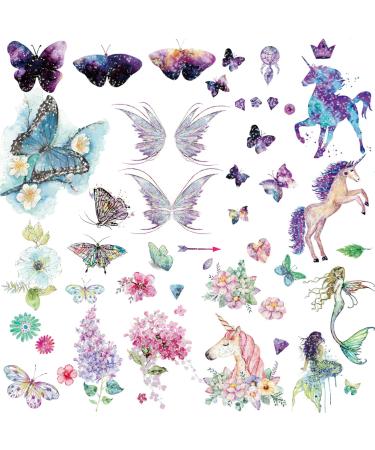 Coszeos Glitter Butterfly Flower Temporary Tattoos for Women Girls Kids  10 Sheets Unicorn Fake Colorful Butterflies Wings Tattoo Stickers Waterproof for Face Arm Makeup Birthday Party Favors Gifts