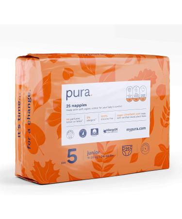Pura Eco-Diapers Size 5 (11-25 kg) - 25 Eco-Friendly Hypoallergenic Diapers for Sensitive Skin | EU Ecolabel Certified Odorless & 12-Hour Protection - Buy Online on GoSupps.com