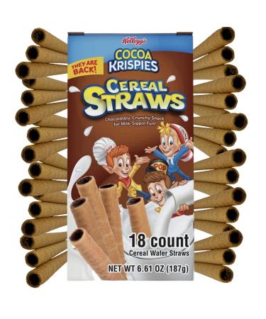 2021 Kellogg's Cereal Straws Cocoa Krispies Edible Breakfast Straw Alternatives for Milk, 90's Childhood Nostalgic Treat for Drinking and Eating, Chocolate Cereals for Kids, 18 Count