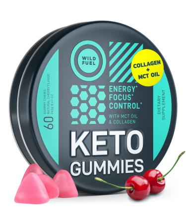 Keto Candy Collagen Gummies with MCT Oil - Wild Fuel Pre Workout Energy Chews - Physical and Mental Energy and Focus Low Carb Keto Gummies - 60 Cherry Flavor Healthy Candy Gummies Running Chews