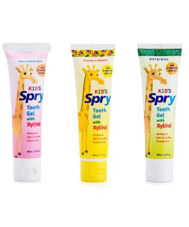 Spry All Natural Kids Fluoride Free Toothpaste Tooth Gel with Xylitol, Age 3 Months and Up Kids Toothpaste, 2 Fl Oz  (3 Pack - Original, Bubblegum, Strawberry Banana,)