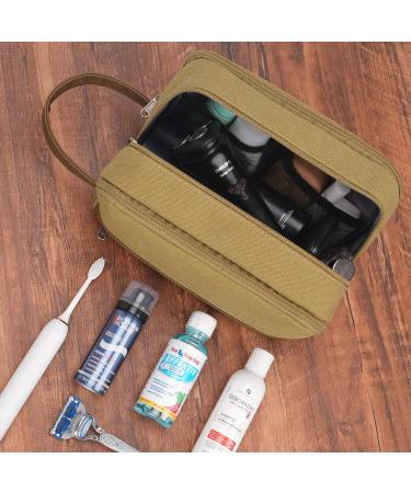 WANDF Travel Toiletry Bag for Men Hanging Dopp Kit Canvas Toiletry Organizer Water-Resistant Vegan Leather Shaving Bag for Toiletries Accessories (Khaki) Brown - Buy Online on GoSupps.com