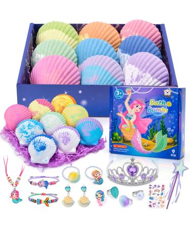Tacobear Mermaid Bath Bombs for Kids with Surprise Inside 9 Pack Natural Handmade Organic Shell Bath Bombs with Jewelry Set Oversize Little Mermaid Toy Easter Christmas Birthday Mermaid Gifts for Girl