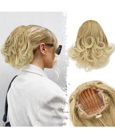 BARSDAR KAMM CAMP short wave of ponytail extension 22cm cord strain Short ponytail hair exension synthetic thick natural ponytail hair parts for women (mixed blond) 22cm mixed blonde & bleach blonde tips