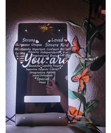 Personalized Affirmations Mirror (USB powered -Remote Control) 3 Lighting Modes - 6 Brightness Adjustable Custom I AM Led Light Up Name Mirror for Bedroom Wall Inspirational Decor (Heart-Shaped)