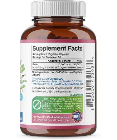 Organic Whole Food Biotin Supplement for Hair, Skin, and Nails - 60 Vegan Capsules by SolaGarden Naturals - Buy Online on GoSupps.com