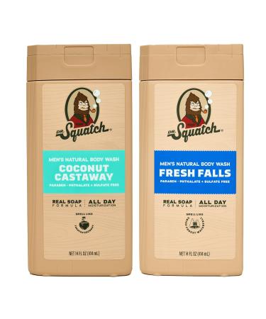 Dr. Squatch Natural Men's Body Wash Shower Gel - Cleansing Nourishing Long Lasting Scent Moisturizing Body Wash for Men - Fresh Falls + Coconut Castaway (14 oz 2-Pack) Fresh Coast