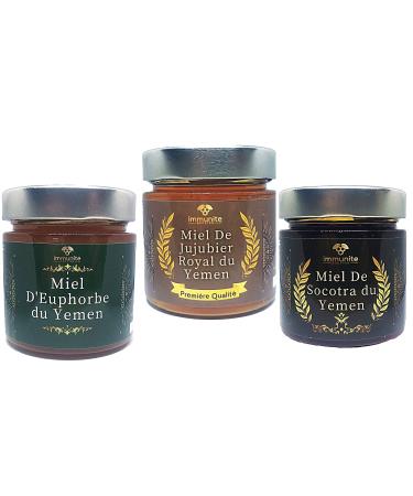 Pack 3 honeys from Yemen - rare and prestigious honeys with immense virtues - honey from the island of Socotra (250g net) - royal jujube honey (250g net) - euphorbia honey (250g net) - 750g net weight