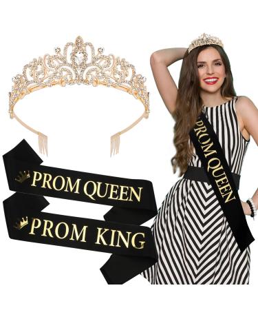 Prom King and Queen Crown Set  Prom King and Queen Sashes Gold Queen Crown  Prom Decorations School Prom  Graduation Party School Party Accessories  Black Satin Sash with Gold Print
