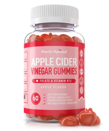 Purely Optimal Premium Apple Cider Vinegar Gummies - Cleanse & Weight Management w/Vitamin B12 Folate Beet Juice Pomegranate Juice - 60 Gluten-Free Gummies