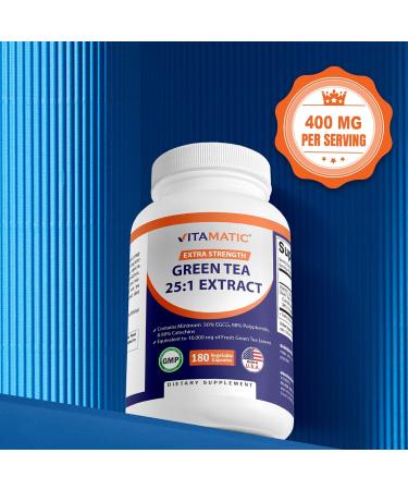 Vitamatic Green Tea Extract with Vitamin C, 25X Concentrate, 98% Polyphenols, 80% Catechins, 50% EGCG, 180 Veg Capsules- 2 Pack - Buy Online on GoSupps.com