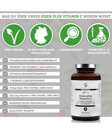 Qidosha Vegetable Iron Plus Vitamin C Capsules | 120 Vegan Capsules with Curry Blade Extract & Acerola Fruit Powder | Purely Plant-Based Iron Supplement - Buy Online on GoSupps.com