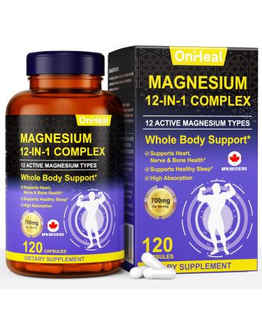 Magnesium Supplement 700mg - 12-in-1 Complex | Glycinate | Citrate | Malate | Taurate | Oxide Magnesium and More - Relieves Muscle and Heart Stress Supports Bone Health 120 Capsules