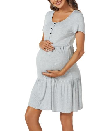 Irdcomps Women's Maternity Nursing Nightgown - Short Sleeve Labour Loungewear for Hospital | Button Down Breastfeeding & Pregnancy Nightdress - Grey, Size S - Buy Online on GoSupps.com