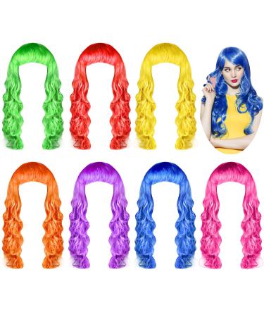 KUUQA 7 Pieces Colorful Long Curly Wigs, Long Colorful Hair Wig Wavy Hair Wigs Curly Cosplay Costume Wig for Women Party Décor long Multicolor