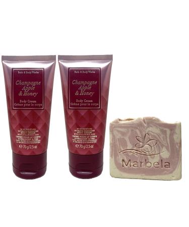 Bath & Body Works Champagne Apple & Honey - Body Cream Travel Size 2 Pack with a Himalayan Salts Springs Sample Soap.