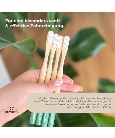 Bambuna Bamboo Toothbrush Set - 4-Part with Travel Case & Mint Tooth Silk | Medium-Soft Bristles | Vegan Dental Floss | Eco-Friendly & Made in Germany - Buy Online on GoSupps.com