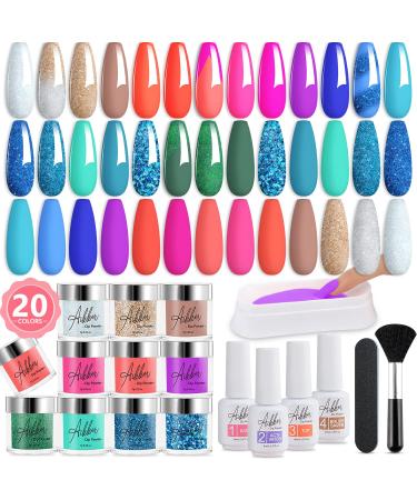 Aikker 27 Pcs Nail Dip Powder Kit 20 Summer Colors Glitter Blue Green All-in-one Quick Dry Dipping Powder System with Everything Essential Liquid Set & Nail Tools Graduation Gift AK39 Summer Time