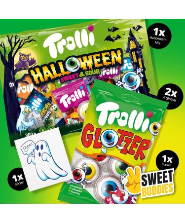 Trolli Glotzer & Halloween Sweet & Sour Pack 2x Yeux Glotzer + 1x Halloween Mix + Autocollant Fant me + Sticker Sweet Buddies Bonbons G lifi s Acidul s pour Soir e Party Cadeaux Enfants - Buy Online on GoSupps.com