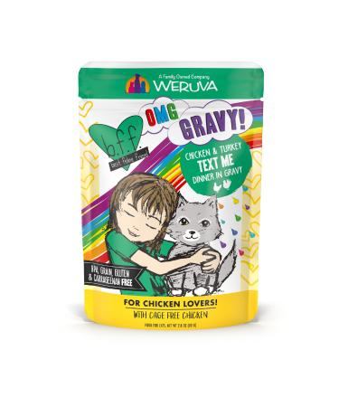 Weruva B.F.F. OMG - Best Feline Friend Oh My Gravy! Grain-Free Natural Wet Cat Food Pouches, Chicken Recipes in Gravy Chicken & Turkey Text Me 2.8 Ounce (Pack of 12)
