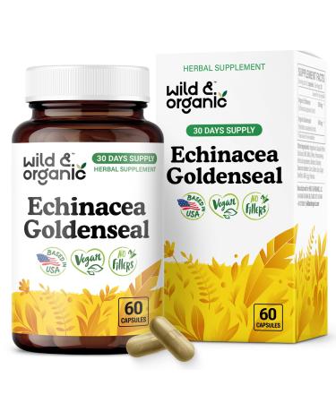 Wild & Organic Echinacea Goldenseal Capsules - Immune & Lung Support - Goldenseal Echinacea Supplement - Hydrastis Canadensis & Purpurea Complex - Vegan No Fillers Non-GMO - 60 Count 60 Count (Pack of 1)